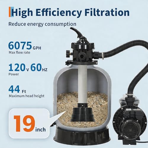 Garvee 19" Sand Filter Pump for Above Ground Pool with Timer, 1.5HP 6075GPH Swimming Pool Pump & Sand Filter System with 7-Way Valve & Strainer Basket, Pool Pumps Above Ground, Grey by Garvee - Image 3