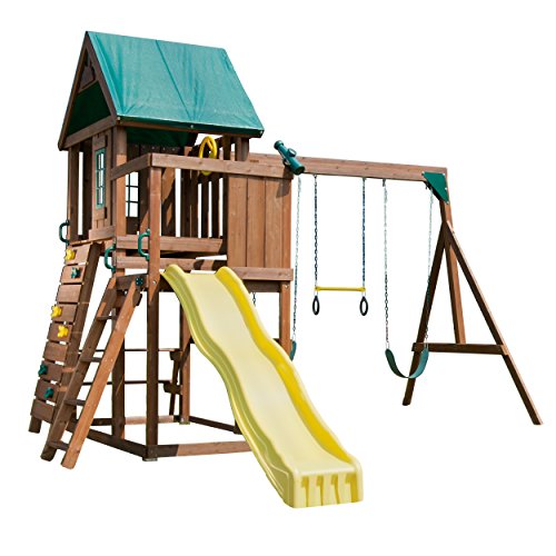 Swing-N-Slide WS 8343 Altamont Wooden Swing Set Playset with Slide, Climbing Wall, Picnic Table and Swings, Yellow