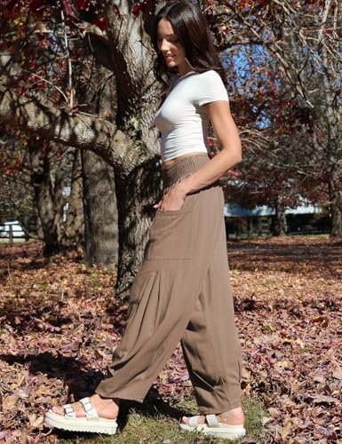 Image of TARSE Women's Linen Wide Leg Pants Baggy High Waist Palazzo Pants