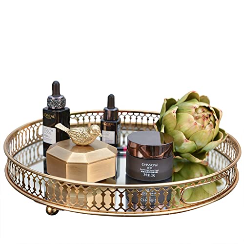 RUIXFLR Glas-Spiegel-Display-Tablett, Runder Make-up-Organizer Mit Griff, Verziertes Goldenes Metall-Eitelkeits-Parfüm-Schmuck-Tablett Für Badezimmer, Schminktisch Cover