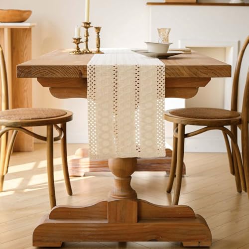 Jayusaror Tischläufer Beige Boho Makramee Modern Frühling Bauernhaus Klein Tischdecke Schmal Landhausstil Rustikaler Tisch Läufer Baumwolle Leinen Table Runner für Hochzeit Party Deko 30x100 cm