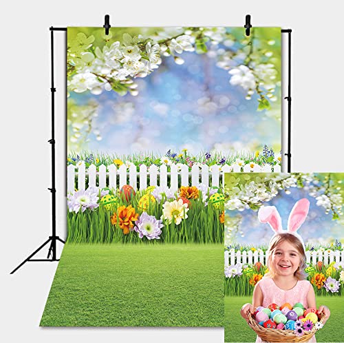 BATE Toile de fond motif œufs de Pâques Fleurs de printemps Clôtures en herbe verte Ciel bokeh Photographie Pour fête prénatale Portrait Décoration de fête Accessoires de studio photo