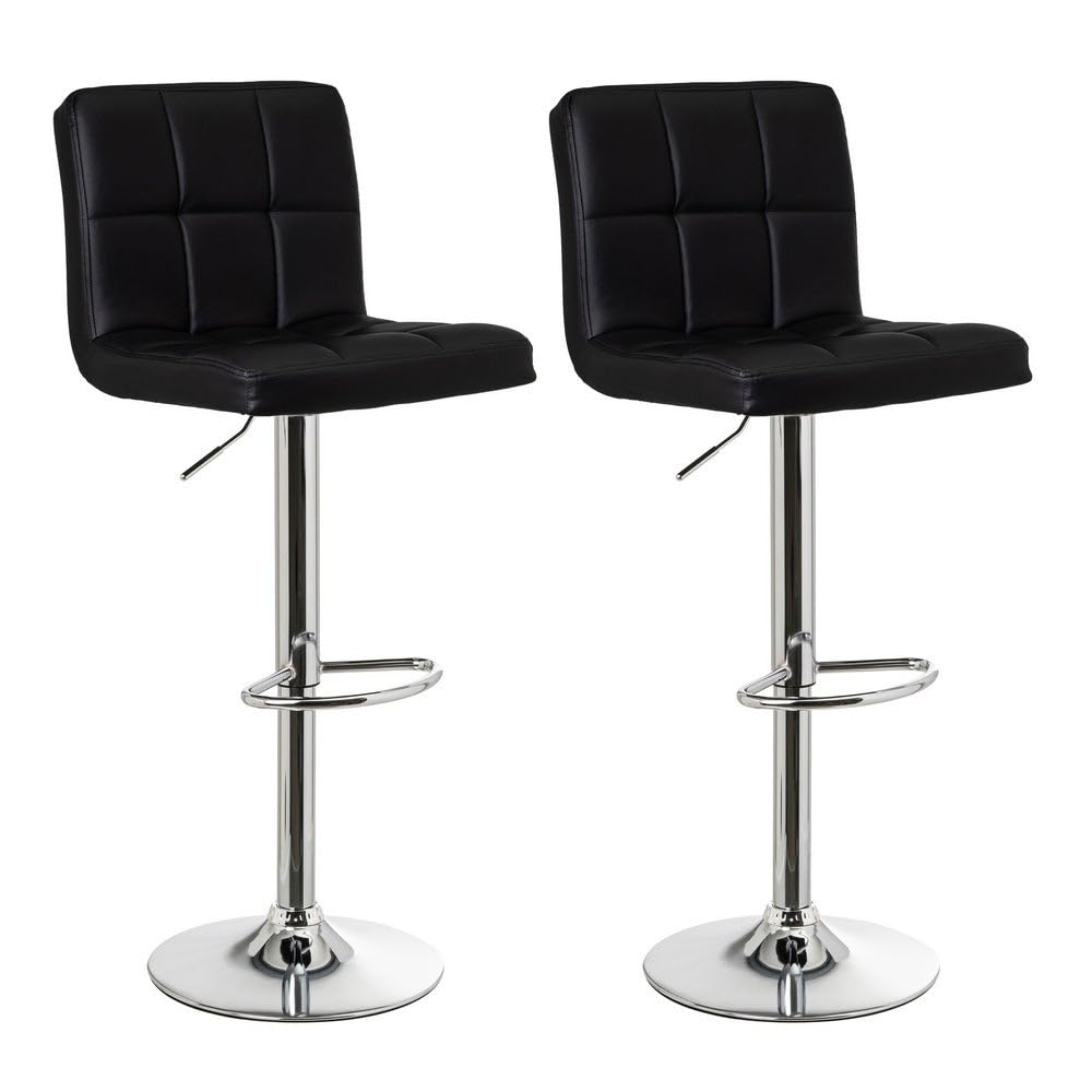 LOLAhome - Set de 2 Taburetes Altos Cocina Giratorios en 360°, Juego de Sillas de Bar Regulables en Altura de 93 a 113 cm, con Respaldo de Polipiel, Estructura Metal y Reposapiés, Negros