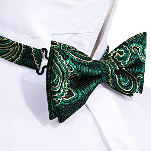 Yohowa Green Gold Bow Tie And Pocket Square Set Pretied Bow Tie With Gold Diamond Ring #TOP3