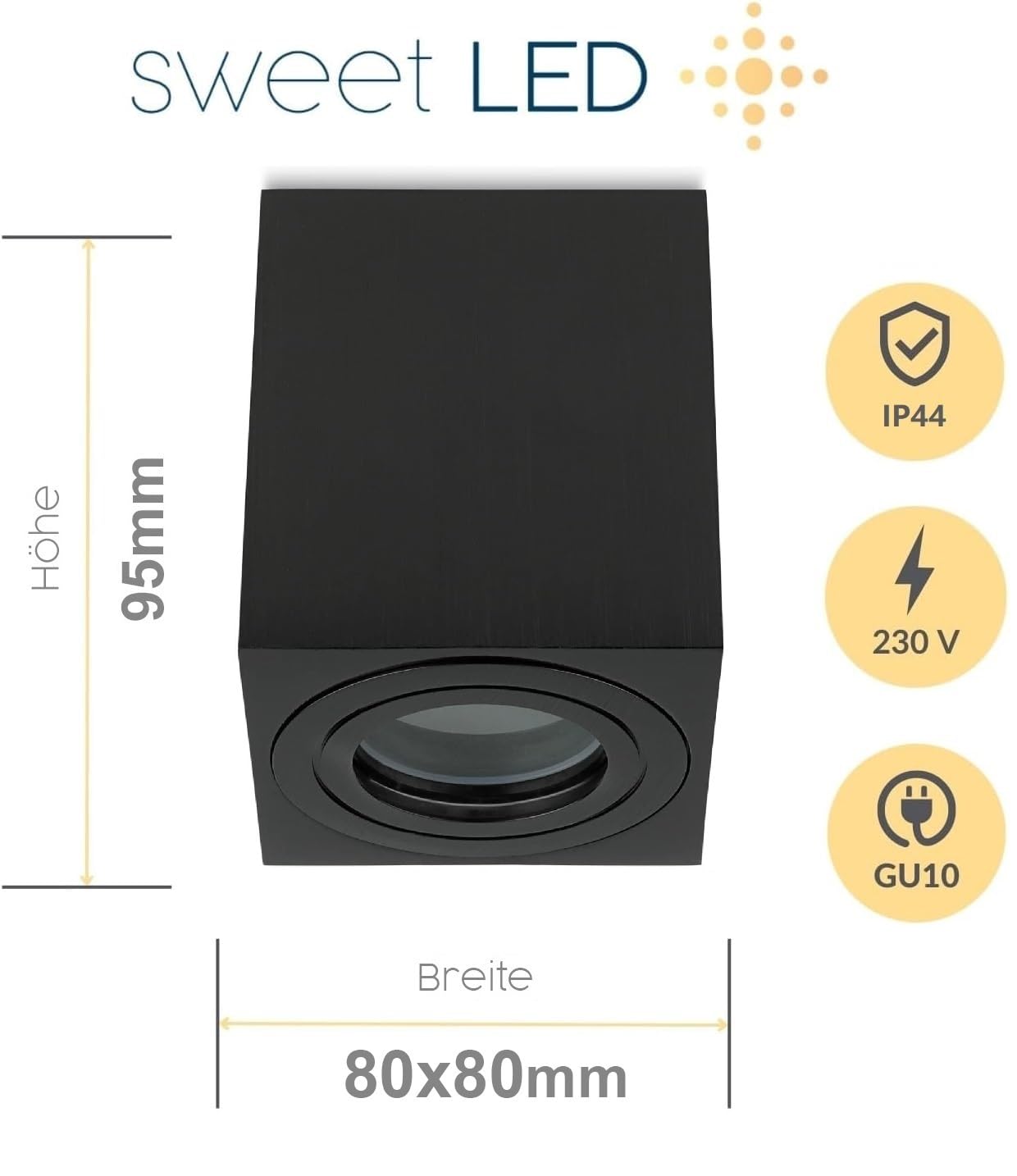 Sweet Led Set di 4 faretti da incasso GU10, IP44, rettangolari, colore nero spazzolato, adatti per bagno e ambienti umidi, faretto da incasso in alluminio 230 V, faretti da soffitto senza lampadina