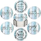 Coaster for Drinks Set of 6, Old Vintage Blue White Wooden Absorbent Round Ceramic Stone Mat, with C