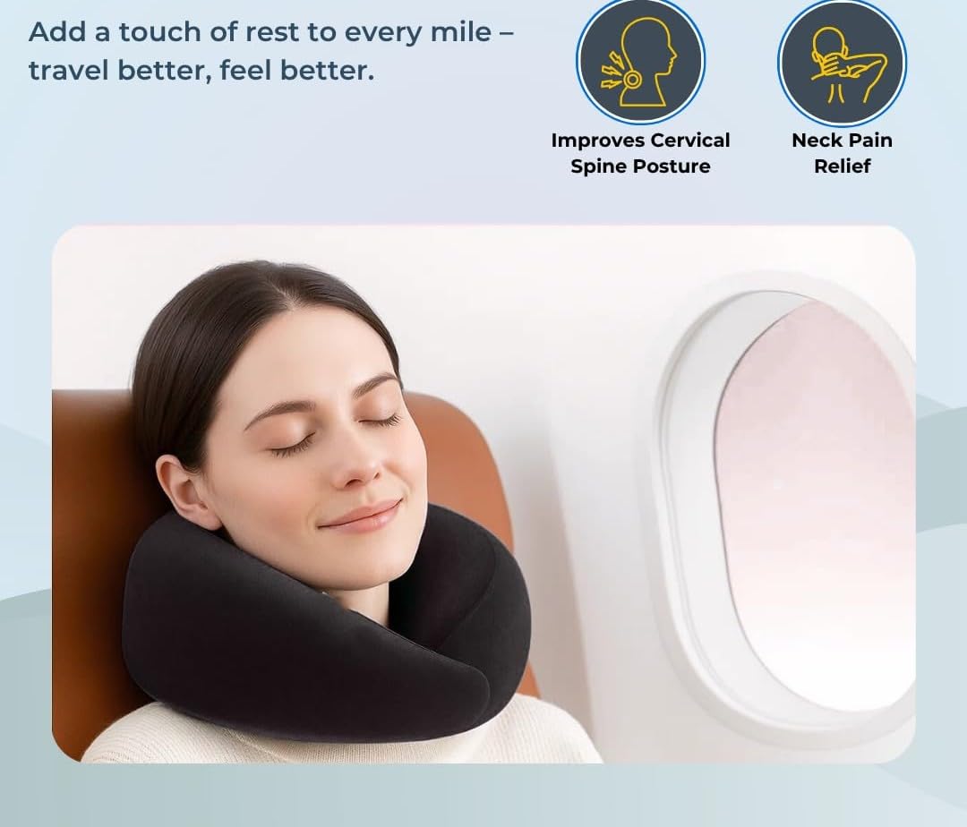 CloudBliss Travel Neck Pillow | Premium Memory Foam Neck Pillow for Flight Travel, Car Sleeping | Adjustable Head Rest, Neck Rest Travelling Pillow for Sleeping Head Support (Black) 4
