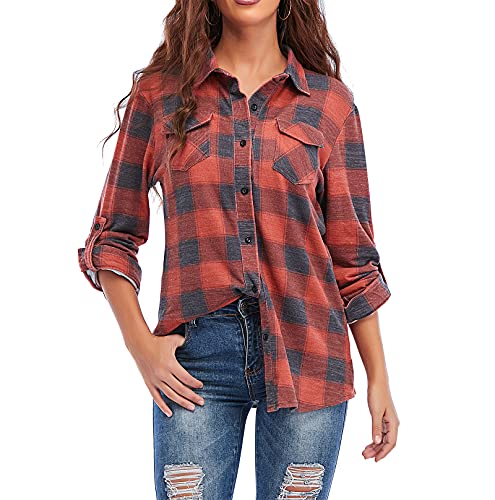 Oyamiki Womens Casual Cuffed Long Sleeve Boyfriend Button Down Plaid Flannel Shirt Tops2