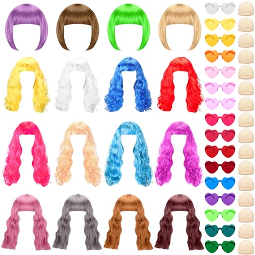 Fingertip WD 48 Pcs Colored Wig Set 16 Pcs Wigs and Cap Set with Heart Shape Sunglasses Long Curly Wigs Short Bob Hair Wig for Bachelorette Neon Party Favors