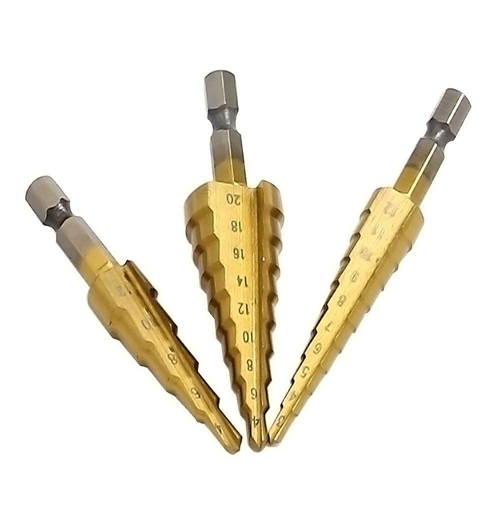 Meichoon Step Cone Drill Bit Set 3 Piece 3-12mm/4-12mm/4-20mm, HSS 4241 Titanium Coated Drilling Tool Multi-functional Hex Shank DC06