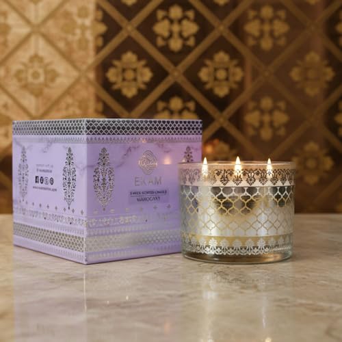 Image of EKAM 2025-26 Festive Fragrance Gift| Scented 3 Wick Candle| Mahogany | Inspired by Sheesh Mahal | 28-Hour Burn | Essential Oil Infused | Gift Box for Diwali & Celebrations