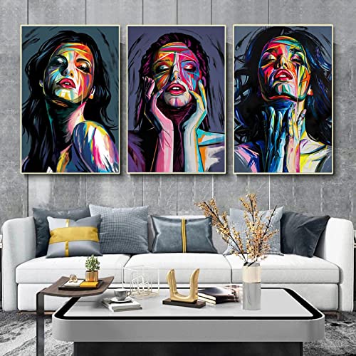 Toile peinture abstraite portrait graffiti fille 20x30cm x3 sans cadre pour deco salon
