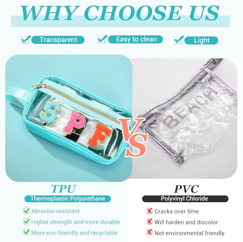 Pinkunn Chenille Letter Bag Clear Makeup Pouch Cute Preppy Letter Patch Cosmetic Bag with Zipper Nylon Waterproof Portable Travel Purse Toiletry Organizer for Appreciation Gift(Teal,Spf)3