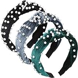3 Pieces Pearls Headband Wide Hair Hoop Velvet Pearls Headband Vintage Twisted Headwear for Girl Woman Hair Accessories (Black, Gray, Black Green)