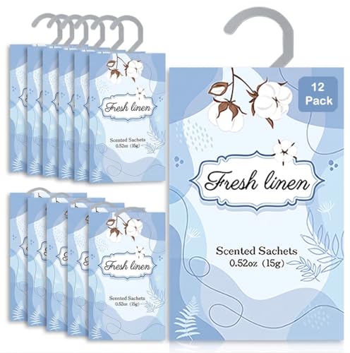 Image of 12 Packs Fresh Linen Hanging Scented Sachets for Drawers and Closets with Retractable Hook| Long-Lasting Closet Air Freshener & Closet Deodorizer | Closet Scent Freshener (Fresh Linen)