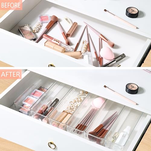Image of ihomecooker 6 Set Clear Plastic Junk Drawer Organizer Vanity Curlery Utensil Makeups Organizer for Kitchen 12'' X 3''