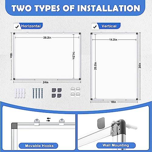 WALGLASS Double-Sided White Board, 24\" x 18\" Dry Erase Board Magnetic Whiteboard for Wall, Hanging Mounted Whiteboard Silver Aluminium Frame for Home, School, Office, Kitchen - Thumbnail 2