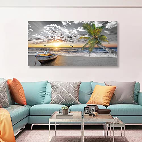 Canvas Wall Art Black And White Beach Palms Prints Paintings For Home Wall Decor Boat And Sunset Seascape Pictures Canvas Art For Living Room Bedroom Office Wall Decor Natural Scenery Artwork 20X40Inches #TOP3