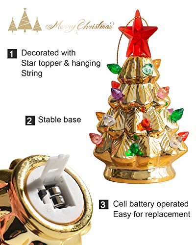 B Sepor Set Of 3 Mini 4.5" Inch Nostalgic Led Ceramic Christmas Tree With Lights Xmas Tree That Light Up Hanging Ornaments White Golden Green Assorted For Holiday Decoration And Gifts #TOP6