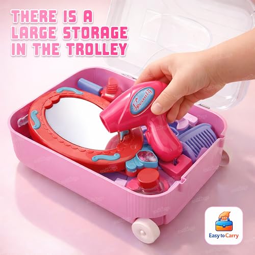 Image of Zest 4 Toyz Kids Makeup Kit for Girls Cosmetic Beauty Set Suitcase Portable Trolley Pretend Play Toy with Makeup Accessories for Kids (Pink) 15 Pieces