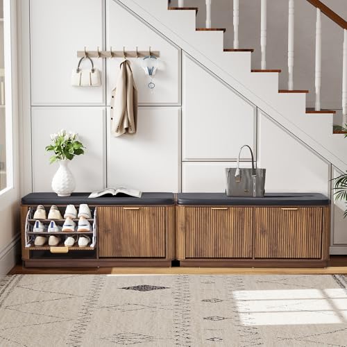 affeivul 43.3''W Fluted Shoe Rack Bench with 2 Flip Drawers, Entry Bench Seat with 3-Tier Shoe Storage and Leather Cushion, Shoe Organizer Bench for Entryway, End of Bed, Living Room, Hallway - Walnut — view 6