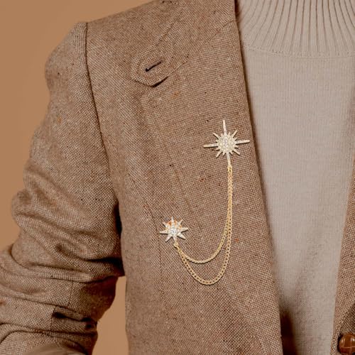 Image of Silver Rhinestone Star Brooch for Women, Crystal Snowflake Brooch Lapel Pins Fashion Broach Pin Dress Suit Accessories with Tassel Chain Clothing Clip Broach for Women Men