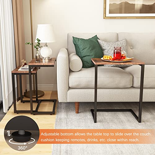 Gdvsclr Nesting Tables Set Of 3, End Table With Adjustable Height, C Shaped End Table For Sofa Couch Bed, Nesting Side Tables For Living Room Bedroom, Rustic Brown #TOP3