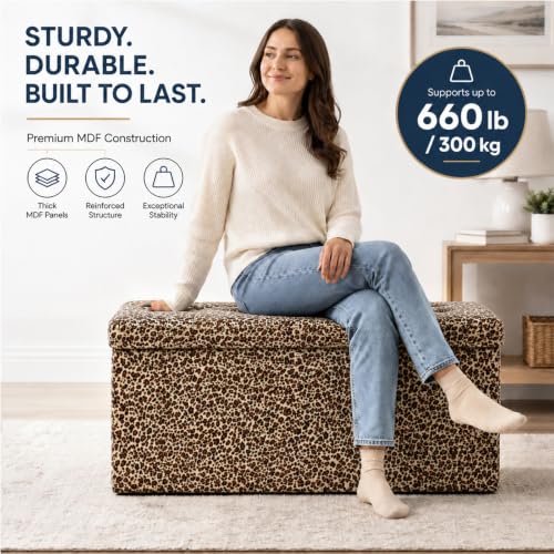 Image of ALASDO 30 Inch Folding Storage Ottoman Bench with Hidden Storage, PU Leather Ottoman Foot Rest Stool, End of Bed Bench for Bedroom, Living Room, Entryway and Closet, Leopard Print