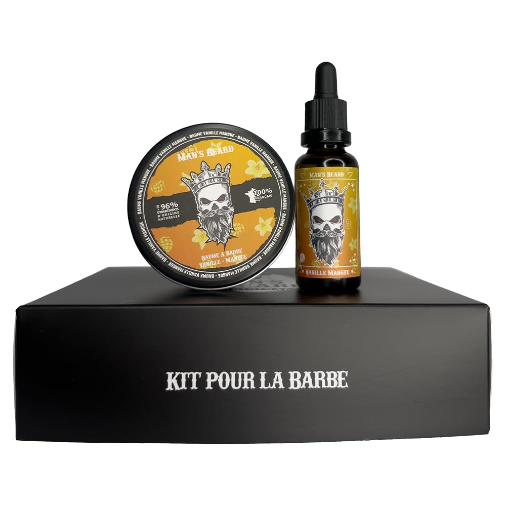 Man's Beard - Coffret Barbe et Moustache - Baume De Barbe 90ml Et Huile à Barbe Parfumé Vanille Mangue 30ml – Ingrédients d’origine Naturelle - 100% Fabrication Française