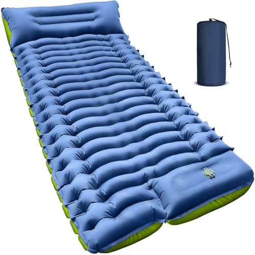 Yuzonc Camping Sleeping Pad, Ultralight Inflatable Sleeping Mat with Built-in Foot Pump & Pillow, Compact Air Mattress for Camping, Backpacking, Hiking, Tent - Blue by Yuzonc - Used condition - US$8.90