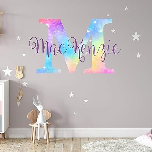Miniatura 15 de Vinilo para guardería de niñas con arcoíris brillante, inicial impresa y estrellas. Calcomanía personalizada con nombre e inicial para niños