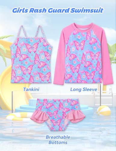 Image of Girls Rash Guard Swimsuit 3 Pieces Long Sleeve UPF50+ Quick Dry Bathing Suit for Toddler 3-12Y