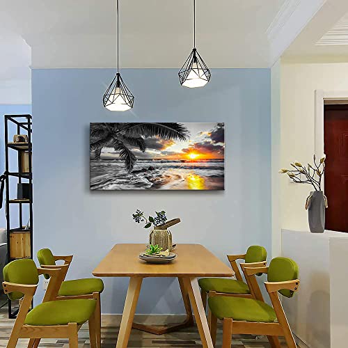 Yxbhhym-Beach Wall Art Black And White Ocean Pictures For Walls Sunrise Seascape Scenery Canvas Print Sunset Painting Palm Poster Sea Wave Artwork For Living Room Wall Art Bedroom Office Wall Décor #TOP3