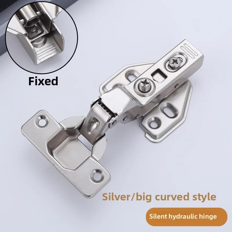 1pc Hydraulic Cold-Rolled Steel Cabinet Wardrobe Door Hinge Silent Furniture Door Bracket Fixed Installation Damping(Fixed-Silver Type A Big Bend)