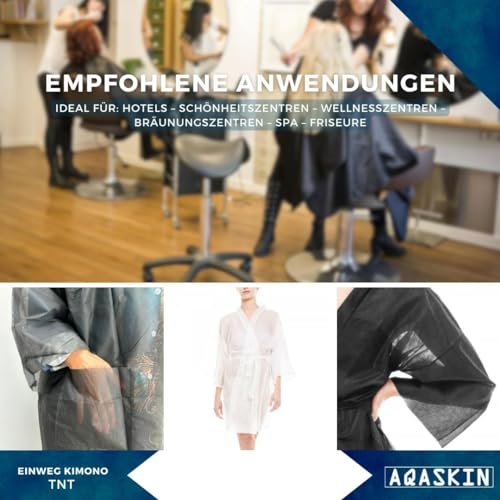 AQASKIN Einweg-Kimono für Kosmetikerinnen aus TNT 30 g/m² – Packungen mit 20 Stück – Mengenrabatte – Einzeln verpackt – Weiß 100 x 140 cm – Tasche und Riemen (1, schwarz)