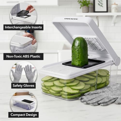 Image of OVENTE 7-in-1 Vegetable Chopper and Mandoline Slicer, White MD71W | With 7 Interchangeable Blades and Safety Gloves, Multifunctional Kitchen Gadget for Fruit, Onion, Potato, Cucumber & More