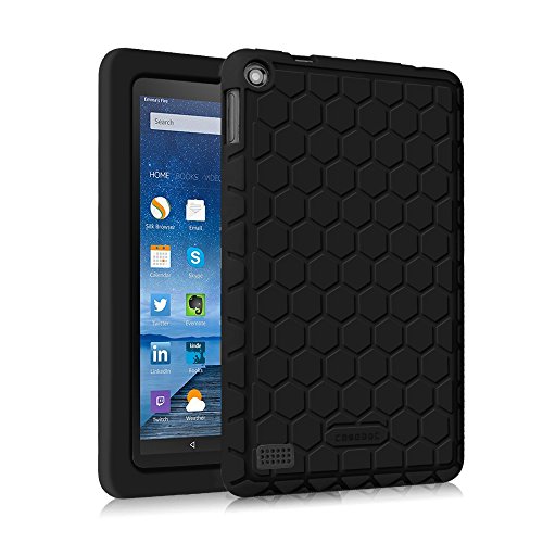 Fintie Silicone Case for Amazon Fire (Previous 5th Generation ONLY, 2015 7 inch) - [Honey Comb Series] [Kids Friendly] Light Weight Anti Slip Shockproof Back Cover (NOT Fit All-New Fire 7 2017), Black