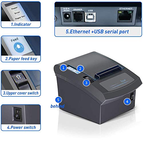 ACLAS 3\'1/8 Thermal Receipt Printer 80mm w/Auto Cutter Cash Drawer ESC/POS Windows for Bill POS Receipt Printers (10 inches/sec, USB + Ethernet Serial Port) - Thumbnail 4