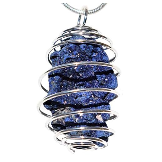 Zenergy Gems Charged Natural Moroccan Azurite Specimen Crystal Pendant + 20" Silver Plated Chain + Selenite Charging Heart [Included]