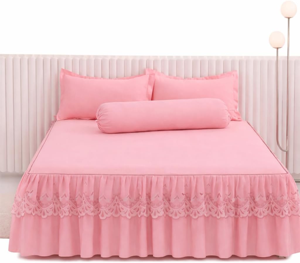 1pc Elegant Lace Bedskirt, Solid Color Soft Dust-Proof Bedcover, All-Season Use, Plus Size, Non-Slip Bedsheet, Bedroom Decor (Bedskirt*1, No Pillowcase) (Light Yellow, US King 78inch×80inch)