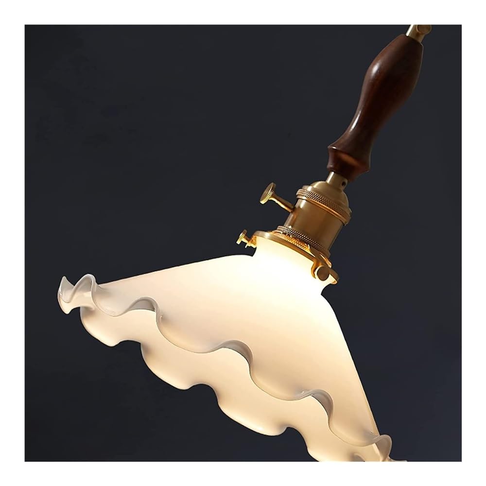 Ruffled Glass Pendant Light, Wood Accent Brass E27, 8in Hanging Lamp, Vintage Kitchen Island, Dining Entryway Fixture