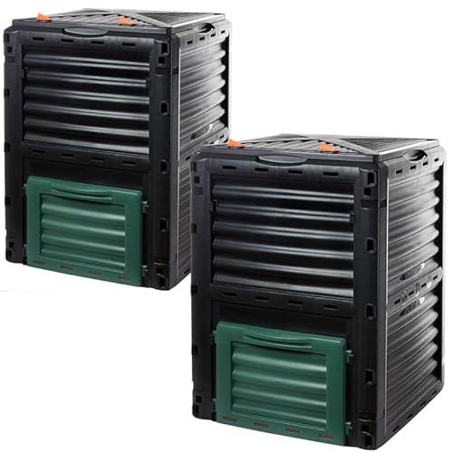 2friends Composter, set da 2, compostiera rapida in plastica resistente, con coperchio ribaltabile, 300 litri (H83 x 61 x P61 cm), compostiera termica per rifiuti da giardino e cucina, 100% plastica
