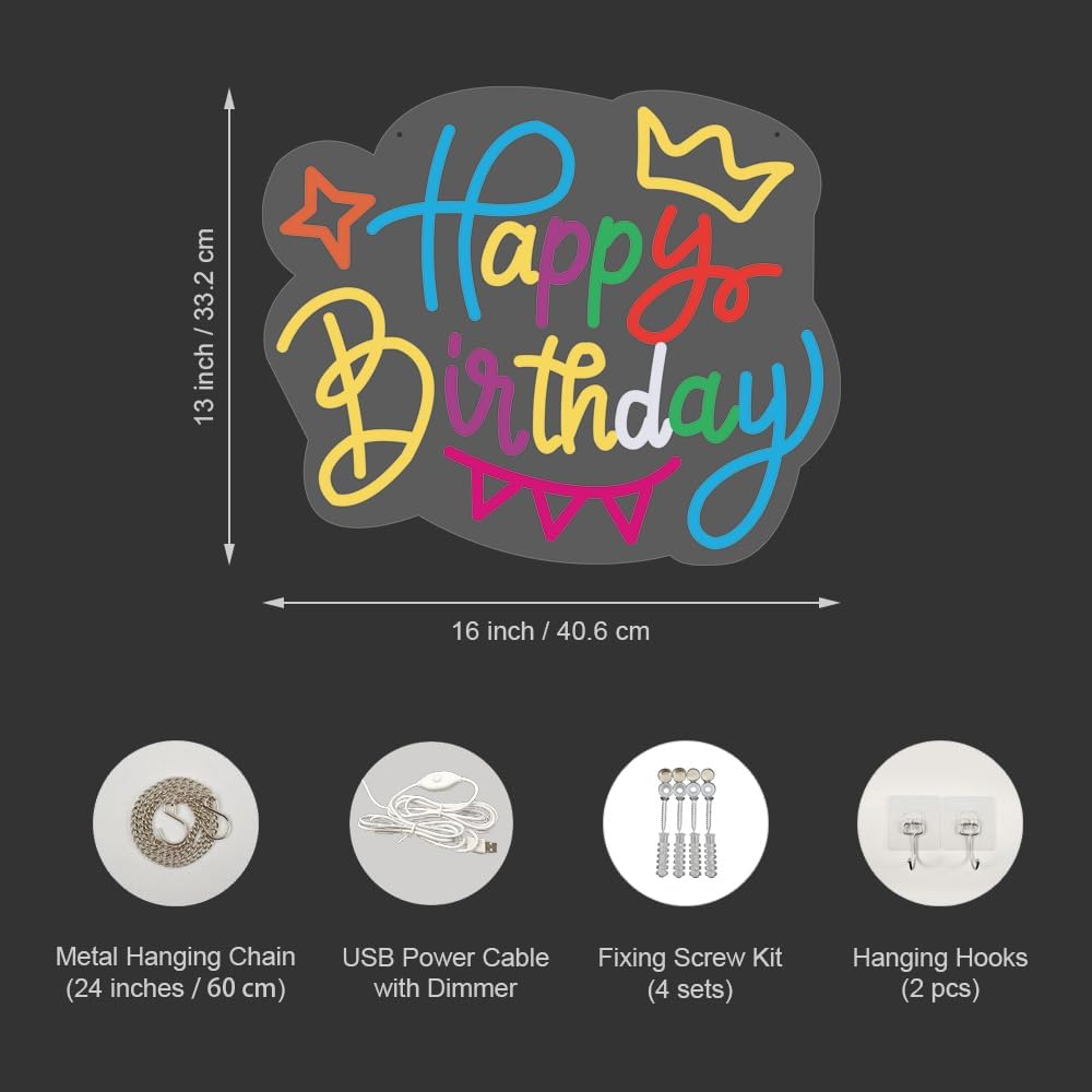 Happy Birthday Neon Sign, USB Powered LED Lights, Birthday Party Wall Decor with Cute Design, Easy to Install, for Kids Room, Celebration Decorations, Party Supplies, Table Backdrop Props (16"x13")
