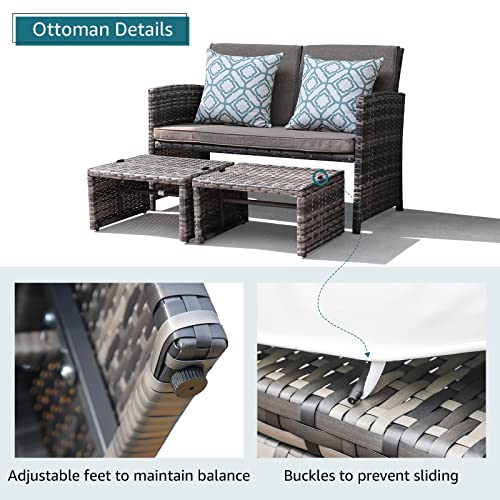 Oc Orange-Casual Outdoor Loveseat Patio Furniture Rattan Conversation Set With Ottoman, White Cushions, Grey Wicker, Pillows Included #TOP5