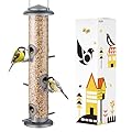 iBorn Metal Bird Feeder Hanging Wild Bird Seed Feeder for Mix Seed Blends Heavy Duty All Metal Silver Finish,15 Inch 6 Port(Seed is not Included),Gift Box
