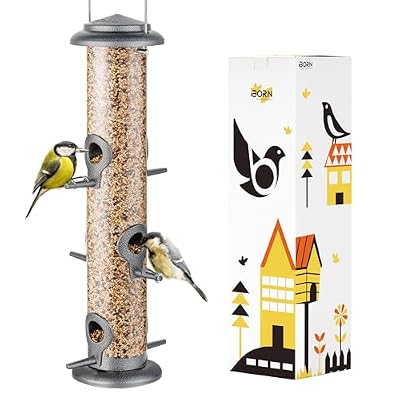 iBorn Metal Bird Feeder Hanging Wild Bird Seed Feeder for Mix Seed Blends Heavy Duty All Metal Silver Finish,15 Inch 6 Port(Seed is not Included),Gift Box