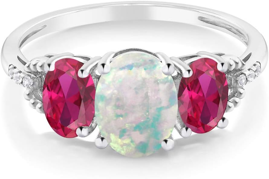 Gem Stone King 10K White Gold Simulated Opal Red Created Ruby and Diamond Accent 3-Stone Engagement Ring | 2.10 Cttw | 3 Stone Wedding Anniversary Promise Ring For Women - Image 2