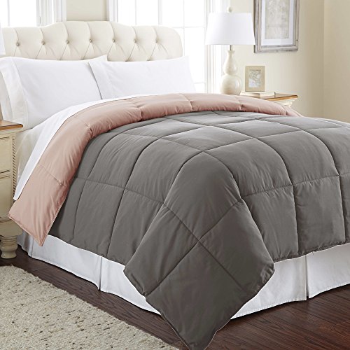 Modern Threads Down Alternative Microfiber Quilted Reversible Comforter & Duvet Insert - Soft, Comfortable Alternative to Goose Down - Bedding for All Seasons Charcoal/Misty Rose Full/Queen