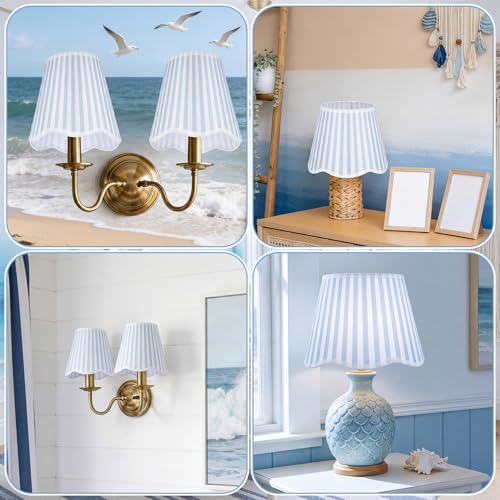 Gerrii 2 Pcs Blue and White Striped Scalloped Lamp Shades Coastal Floral Block Print Lamp Shades Cotton Lampshade 3x6x5 Inch Coastal Fabric Mini Scallop Lampshades for Wall Sconce Pendant Light by Gerrii - Used condition - Image 5