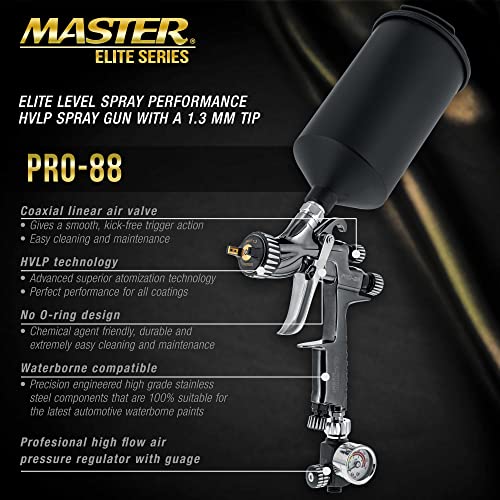 Image of Master Elite Performance PRO-88 HVLP Automotive Spray Paint Gun with 1.3mm Tip, 1L Cup, Regulator Gauge, MPS Adapter - Auto Paint Spray Gun for Automotive Basecoats, Clearcoats - Advanced Atomization